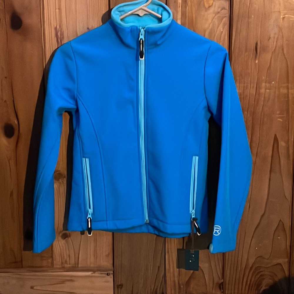 Soft blue windbreaker with Velcro wrist cuffs and zip pockets